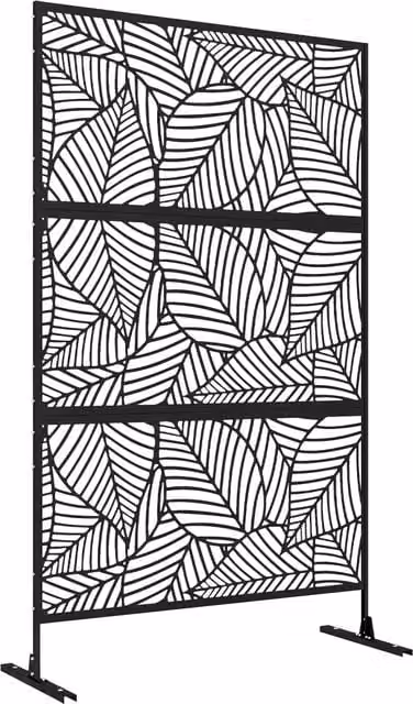 Pannello Frangivista da Esterno in Metallo Nero con Motivo a Foglia, Paravento Giardino e Terrazzo 122 x 45 x 198 cm
