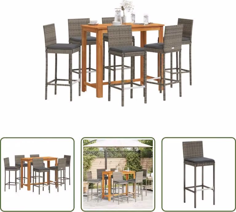 The Living Store Set bar da giardino 7 pezzi in legno massiccio di acacia grigio e poly rattan