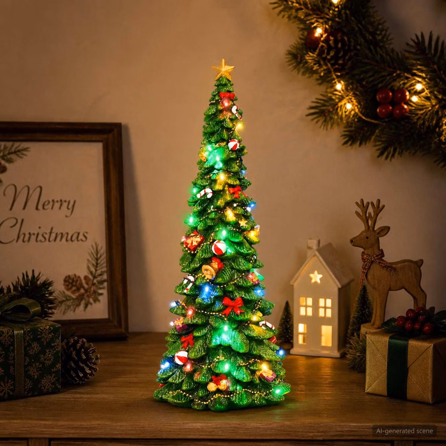 Albero di Natale luminoso SALO, 16,5 x 15,5 x 40 cm, resina, colore verde