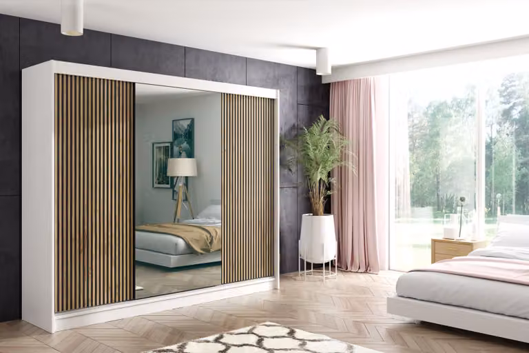 Armadio ALTDECOR con specchio e ante scorrevoli a lamelle, guide con cuscinetti a sfera e listelli in alluminio - VILO - 250 cm - Bianco/Rovere Wotan a lamelle