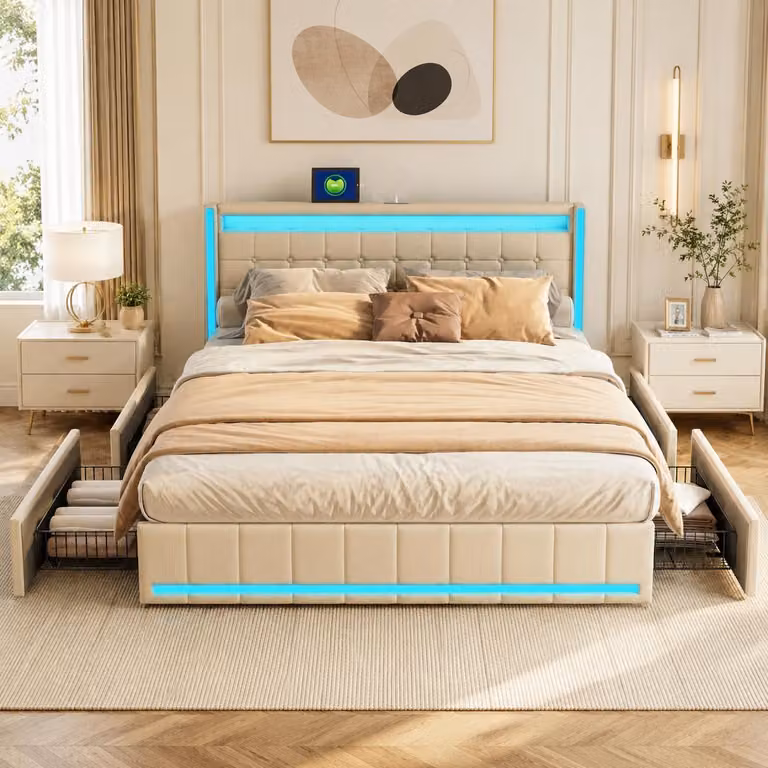 Letto matrimoniale INONEFT con contenitore, dimensioni 140x200 cm, imbottito con 4 cassetti, letto per ragazzi con luci LED, prese USB e Type-C, completo di rete a doghe, rivestito in lino beige