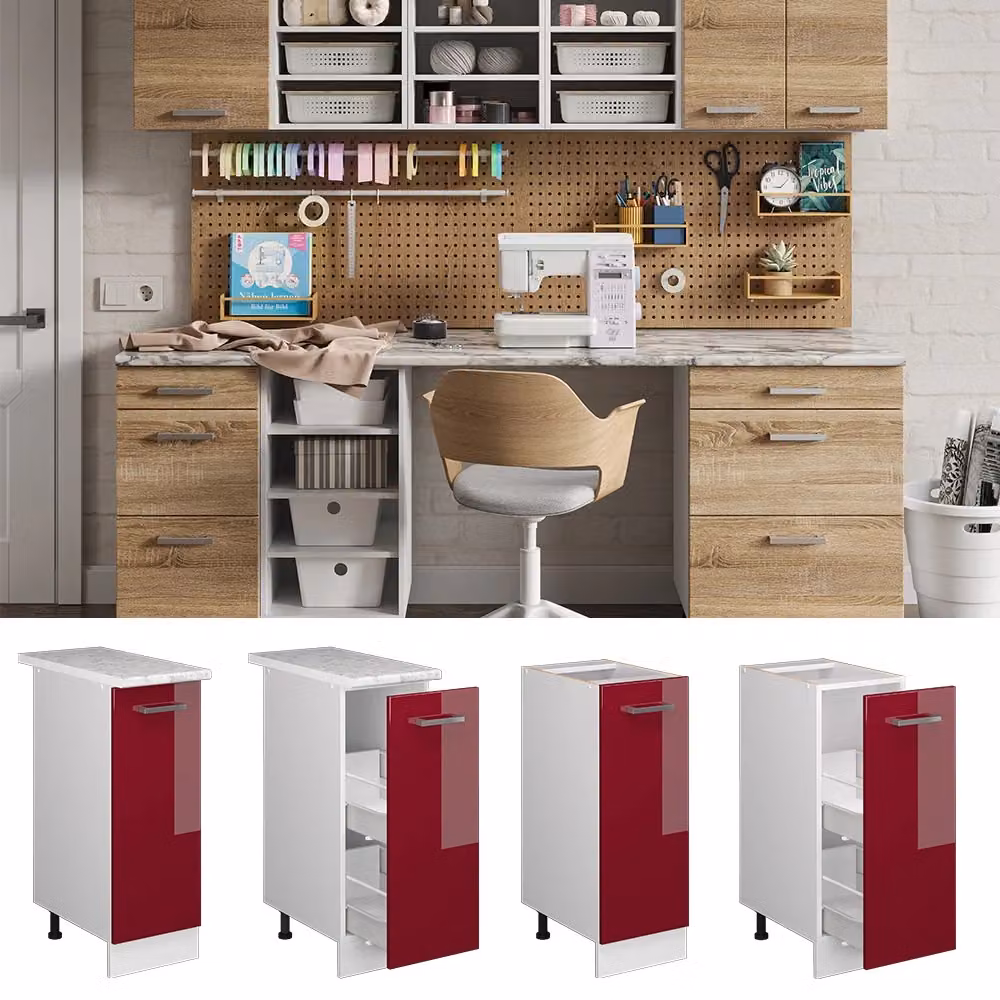 Base universale R-Line Vicco bordeaux lucido con anta, senza piano di lavoro, L/P/H: 30 x 46 x 81,6 cm – 2
