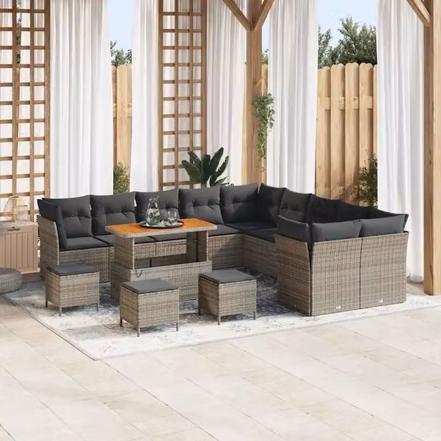 Set Divano da Giardino vidaXL 14 Pezzi Grigio con Poltrone, Ottoman e Tavolino da Caffè in Polyrattan e Acciaio