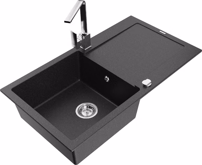 Mexen Leo lavello in granito a 1 vasca con scolapiatti e miscelatore da cucina Rita, nero/argento metallico - 6501-73-670300-00