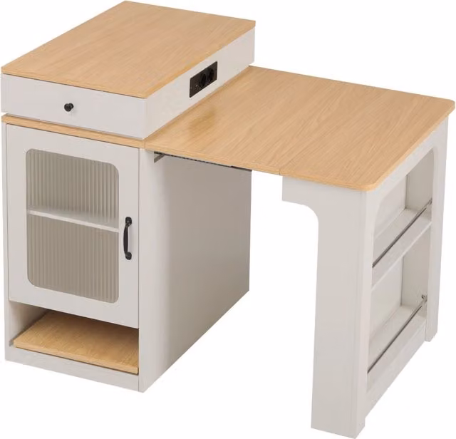 Isola cucina mobile con tavolo allungabile, piano rimovibile, prese elettriche integrate, bianco, 80×71~151×92 cm