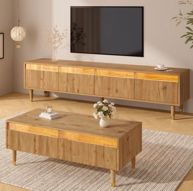 Set soggiorno moderno con mobile TV e tavolino da caffè; LED; MDF effetto legno