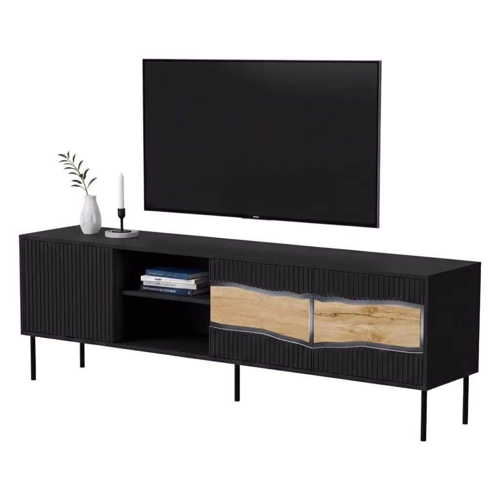 Mobile porta TV moderno DMORA Luvinate in legno e MDF nero con illuminazione integrata L/P/H: 190 x 40 x 61.5 cm – 2