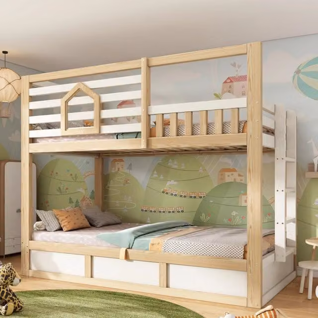 Letto a castello 90x200 cm con contenitore idraulico; finestre e scala in legno bianco e rovere