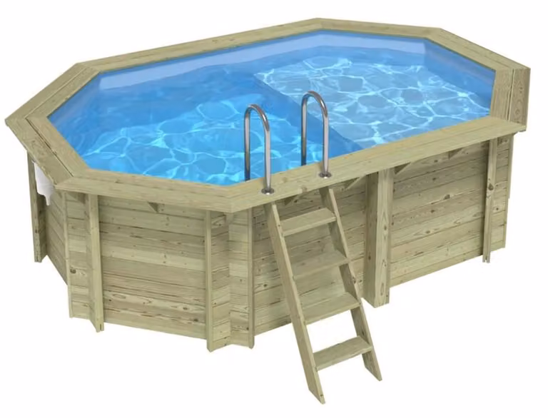 Piscina in legno NEMO 4.3 x 3 – H.1.18 m con spiaggia, azzurro chiaro, con supporti fissati al calcestruzzo