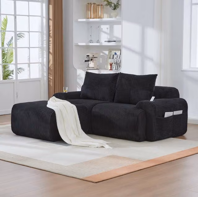 Divano modulare 2 posti ULEVR 200x174x80 cm in velluto a coste nero con portabicchieri e tasca laterale