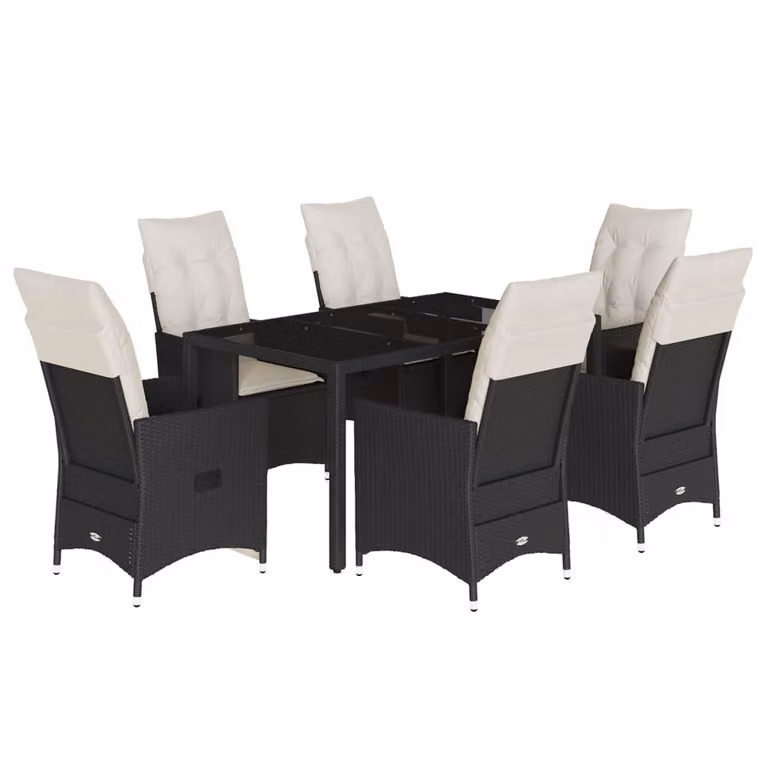 Set da Pranzo da Giardino 7 pz Nero con Cuscini in Polyrattan