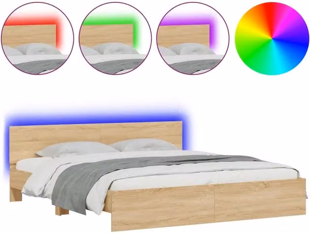 Letto matrimoniale | Letto per adulti | Giroletto con Testiera e LED Rovere Sonoma 180x200 cm