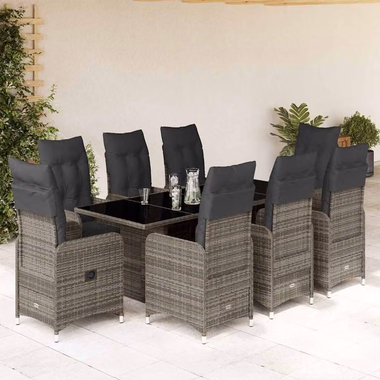 Set Bistrò da Giardino vidaXL 9 pz in Polyrattan e Metallo con Cuscini e Tavolo in Vetro Grigio