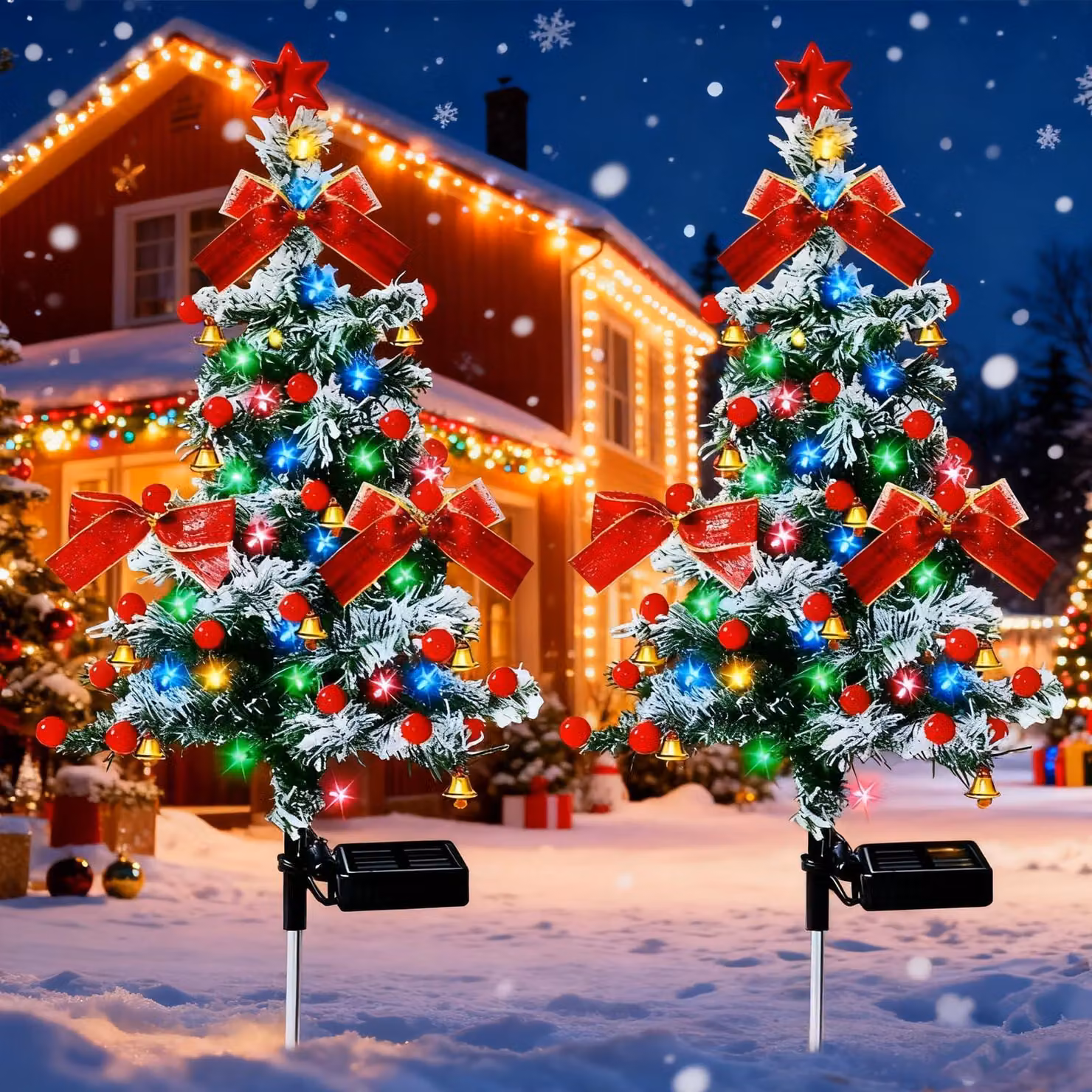 Set di 2 alberi di Natale solari, altezza 83 cm, con luci LED, grado di protezione IP65, colorati