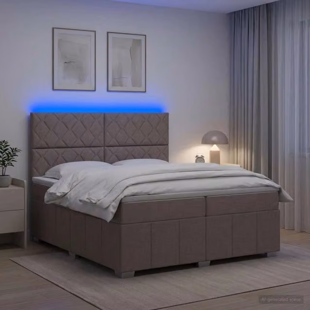 Letto Box Spring vidaXL con Materasso a Molle Pocket e Illuminazione LED, Colore Grigio, L/P: 200 x 200 cm – 1