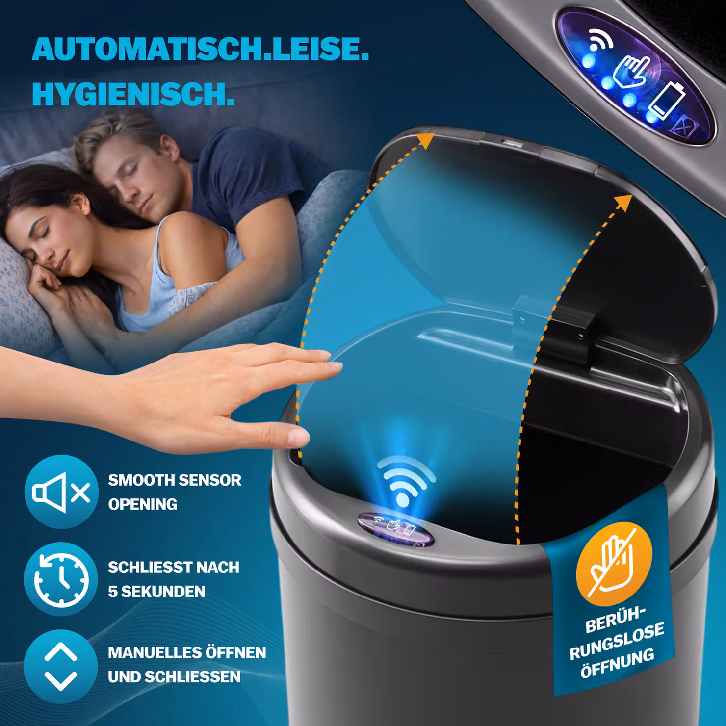 Cestino con sensore MONZANA in acciaio inox e plastica, colore nero, capacità 40 litri – 4