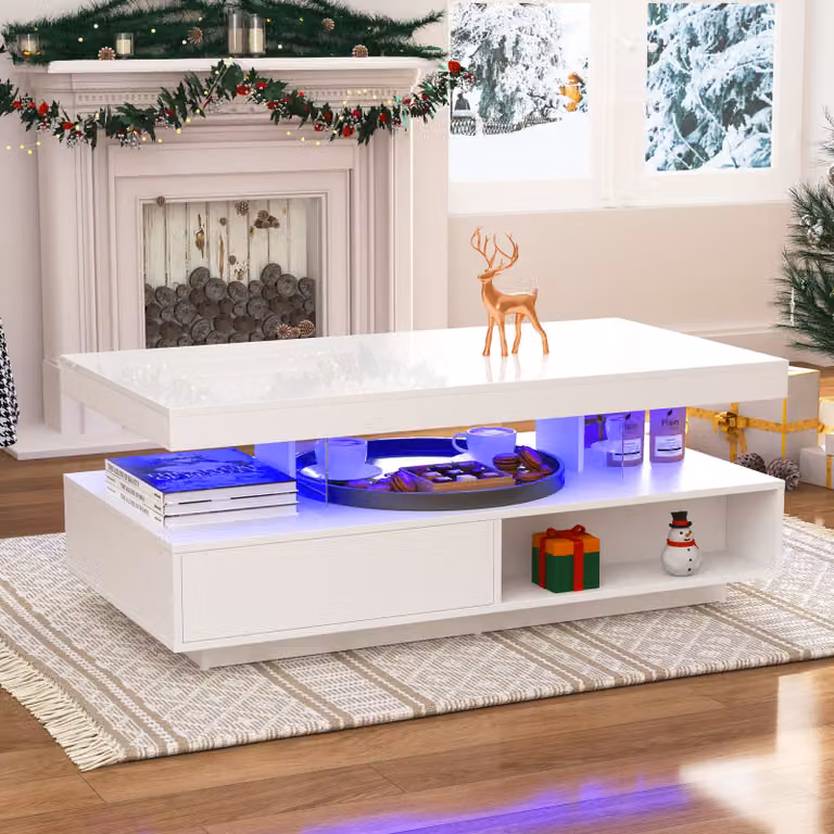 Abrihome tavolino Tavolino con luci LED con 2 cassetti e 3 vani a giorno, 95x50x42,5 cm, bianco