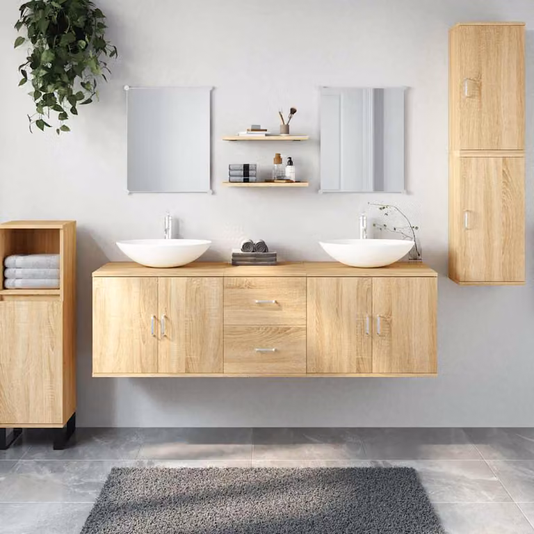 Set di mobili da bagno moderno vidaXL in legno multistrato color rovere marrone, composto da 7 pezzi con armadietto a muro e mobile lavabo, L: 150 cm, P: 45 cm, H: 45 cm