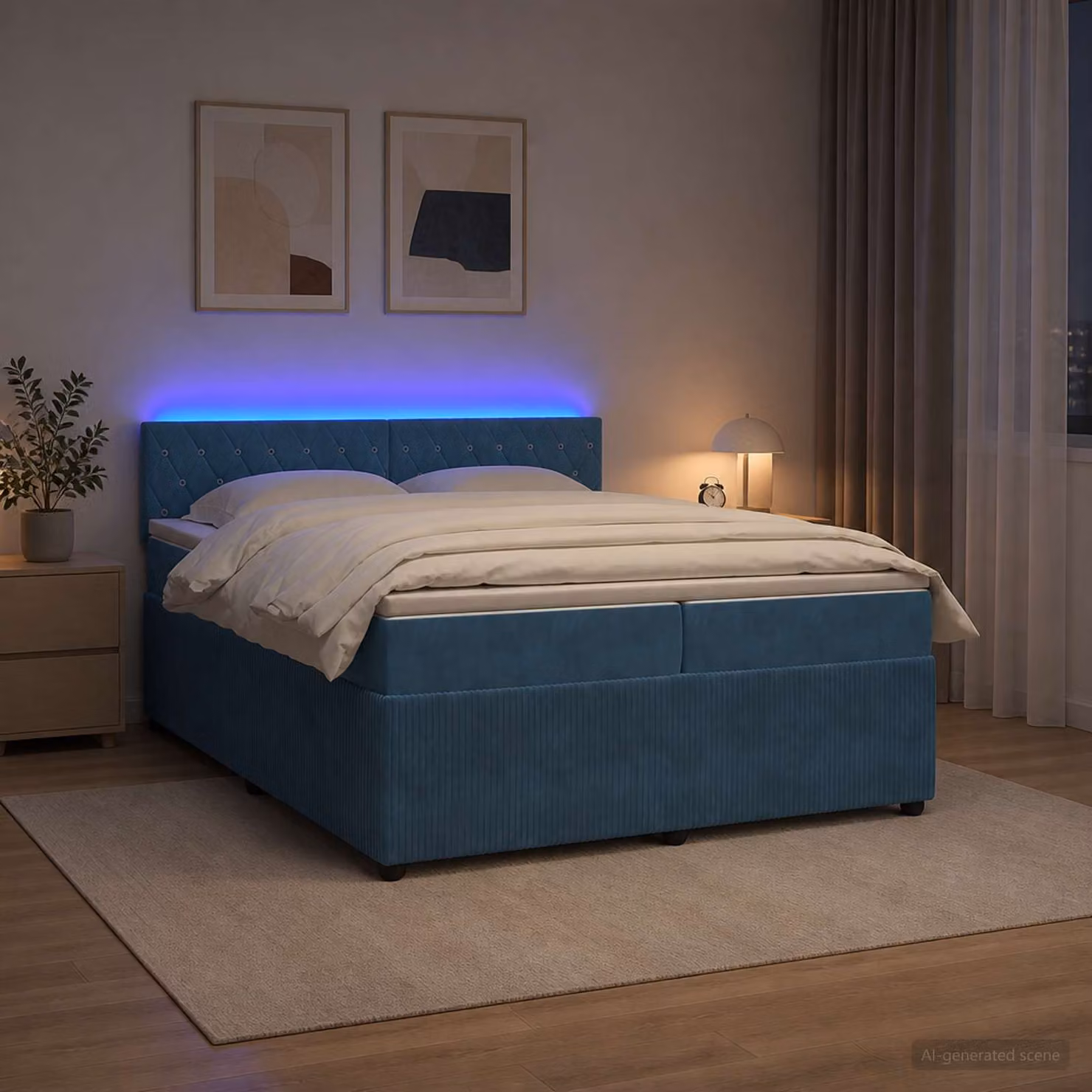 Letto box spring con materasso ibrido vidaXL in velluto blu, con illuminazione sottostante e porta USB, L/P: 200 x 200 cm