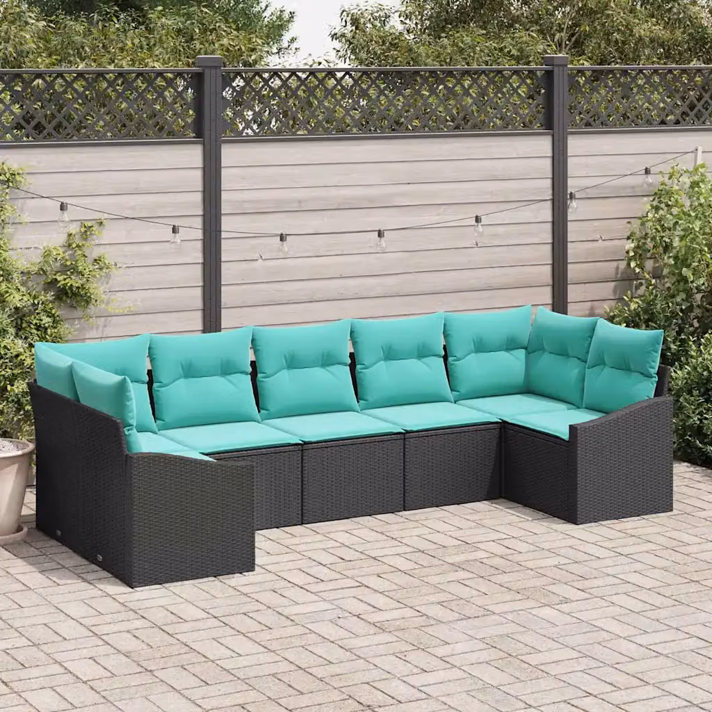 Set di divani da giardino vidaXL a forma di U composto da 7 pezzi con tavolino, colore nero e cuscini turchesi