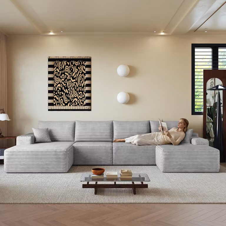 Divano angolare modulare senza schienale, con chaise longue a forma di L, design moderno, seduta profonda. Non richiede montaggio