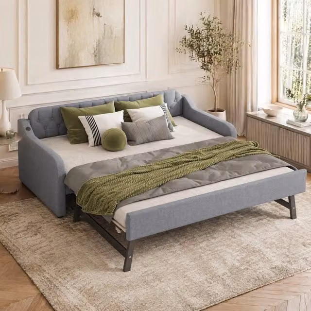 Divano letto Mivray con letto estraibile e porta USB, rivestito in tessuto grigio, L/P/H: 215 x 191 x 79 cm