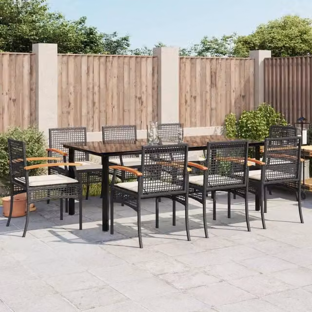 Set da Pranzo da Giardino 9 pz con Cuscini Nero in Polyrattan 3213609