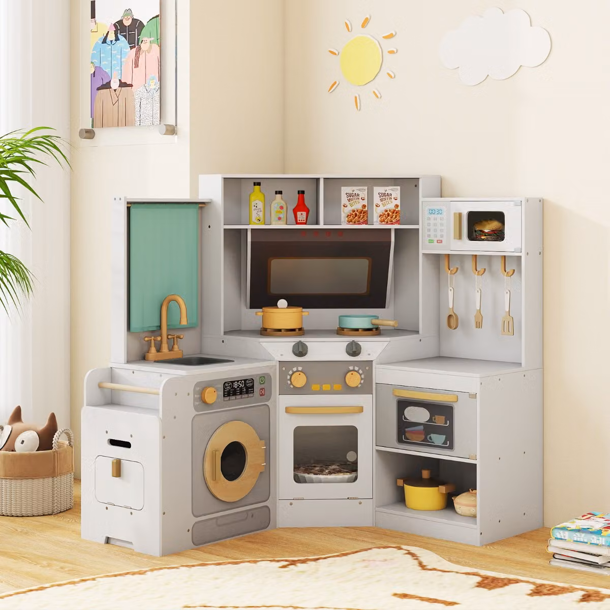 Cucina ad angolo in legno Costway con luci, suoni e accessori, colore grigio