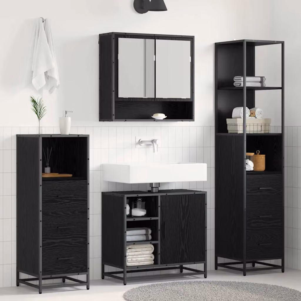 Set di mobili per il bagno vidaXL 3 pezzi in rovere e nero con armadietto a specchio e mobile lavabo, H x L x P: 166 x 33 x 62,67 cm – 1