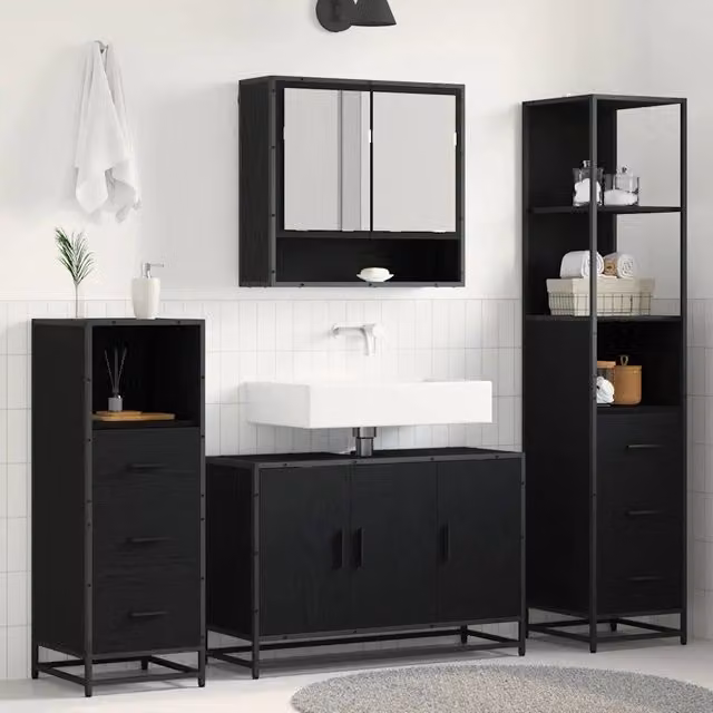 Set di mobili per il bagno 3 pz Rovere Nero 35 x 37,5 x 166 cm 3402416
