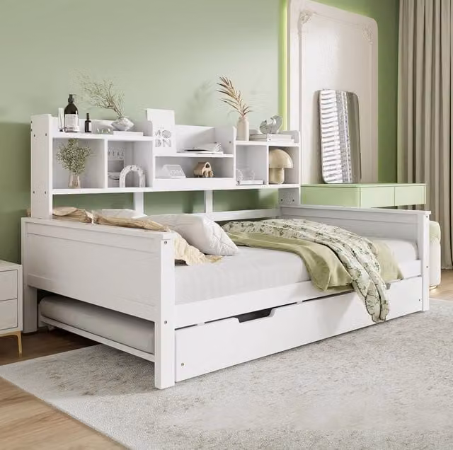 Letto multifunzione in pino con letto estraibile 90x190 cm e ripiani; bianco