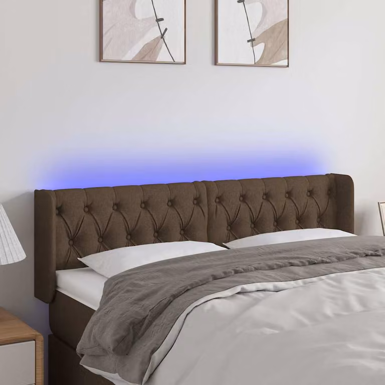 Testiera per letto vidaXL in tessuto marrone scuro con illuminazione LED integrata e porta di ricarica USB, L: 147 cm, P: 16 cm, H: 78-88 cm