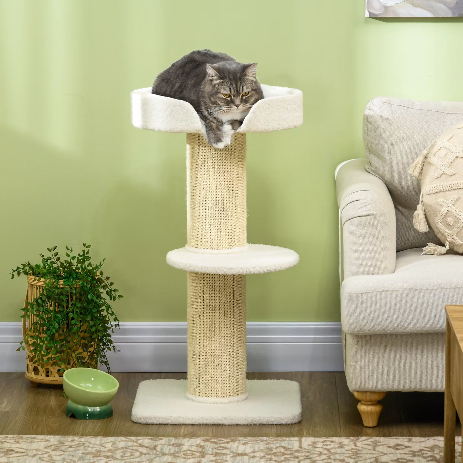Tiragraffi per gatti PawHut con lettino, palo in sisal e rivestimento in peluche, colore beige, H 91 x L 45 x P 45 cm – 2
