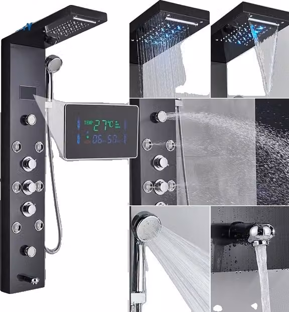 Pannello doccia a torre, sistema di soffioni a LED, massaggio SPA, nero 8009