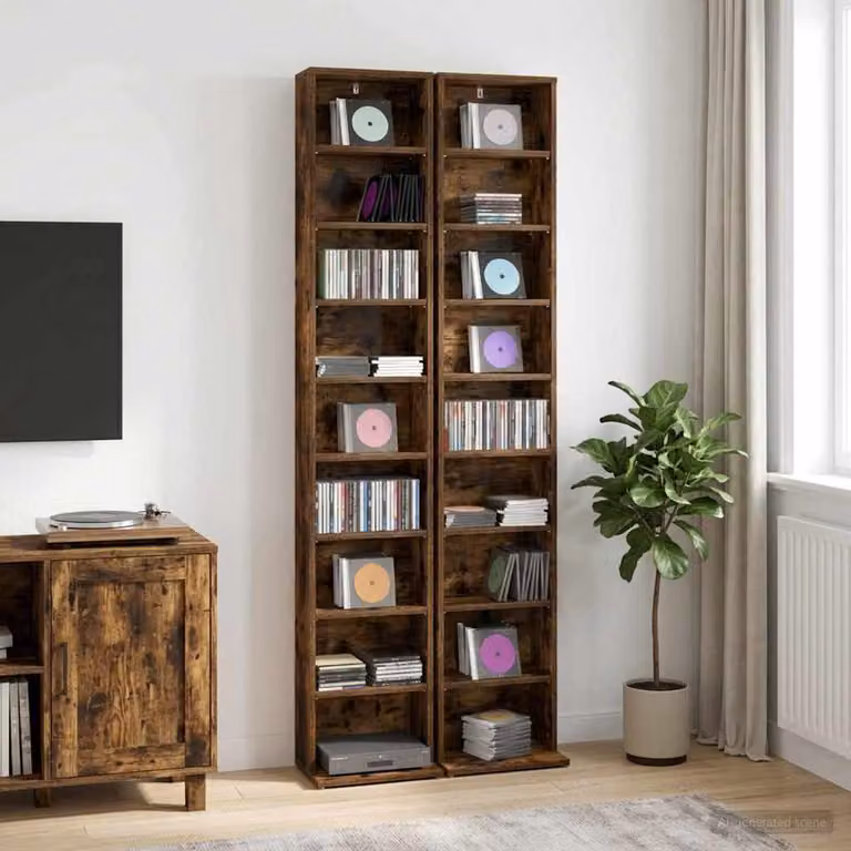 Set di 2 Mobile per CD vidaXL in Rovere Fumo con ripiani regolabili, L 33 cm, P 23,5 cm, H 175 cm