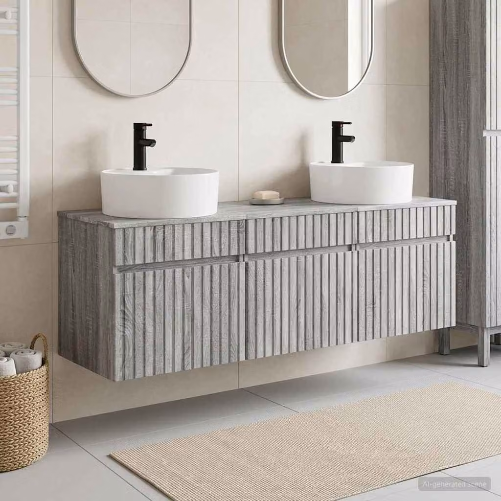 Set di 3 mobili da bagno moderni vidaXL in legno grigio opaco, comprensivo di pensili e mobile lavabo, L/P/H: 49 x 44,5 x 65 cm