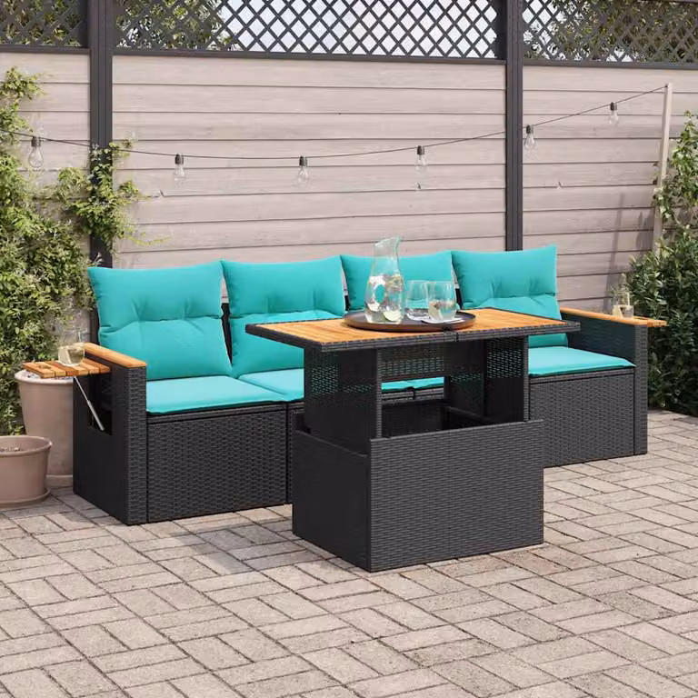 Set da giardino vidaXL composto da 5 pezzi con divani, poltrone, tavolino e cuscini blu in rattan e struttura in acciaio nero