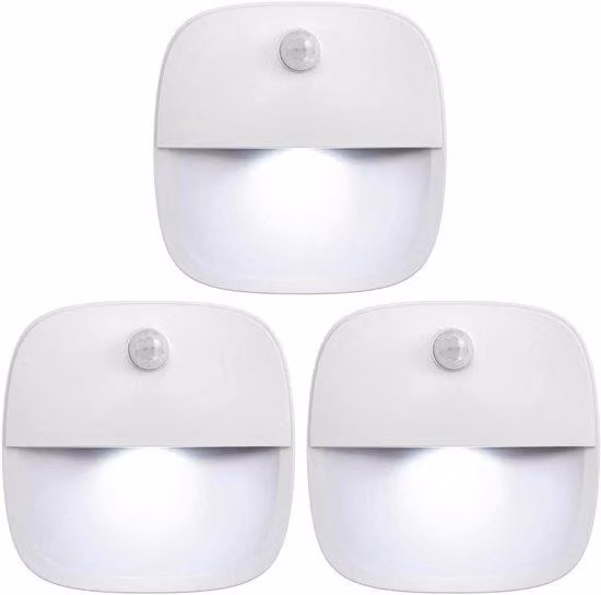Set di tre sensori di movimento wireless con LED alimentati a batteria, da incollare, bianchi, per scale, corridoi, armadi e bagni