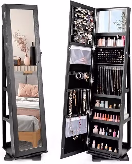 Armadietto Portagioielli Autoportante COSTWAY con Specchio a Figura Intera e Serratura, Organizzatore Moderno Nero, H 161 x L 39 x P 39 cm