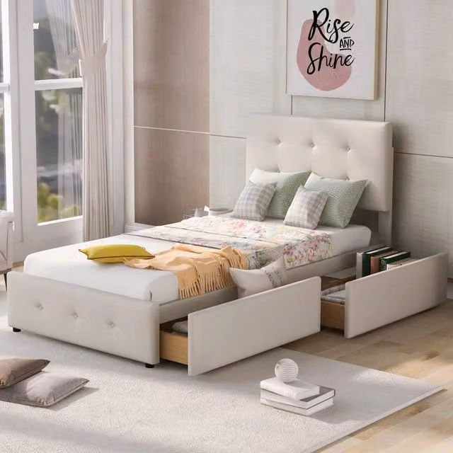 Letto Mivray imbottito in velluto beige con cassetto e rete a doghe, L/P/H: 90 x 200 x 100 cm