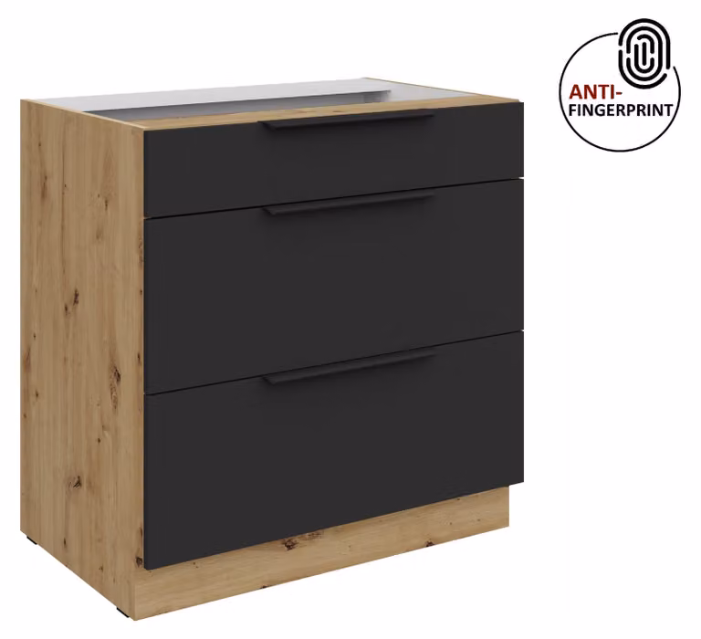 Mobile base da cucina da 80 cm, cucina ARIA in nero ultra opaco + rovere Artisan opaco, frontali di alta qualità con rivestimento anti-impronta, mobile da cucina con chiusura ammortizzata