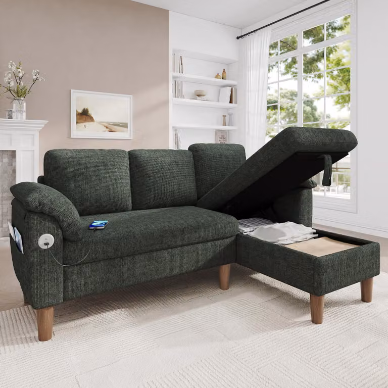 Divano angolare a forma di L Merax, divano a 3 posti con chaise longue contenitore, porta USB Type-C, tasche laterali, pouf modulare, tessuto in chenille, colore verde