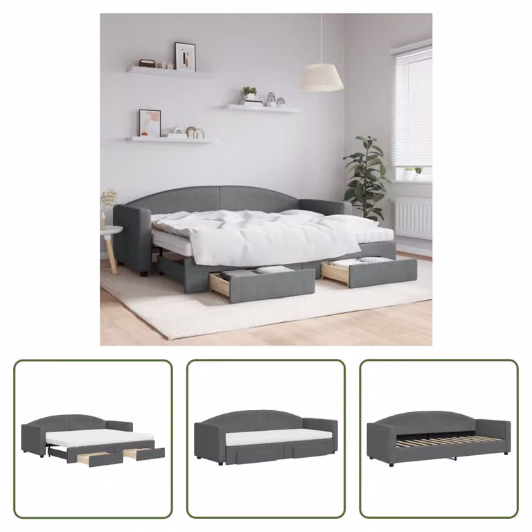 The Living Store Letto da giorno allungabile con cassetti grigio scuro 80x200 cm tessuto