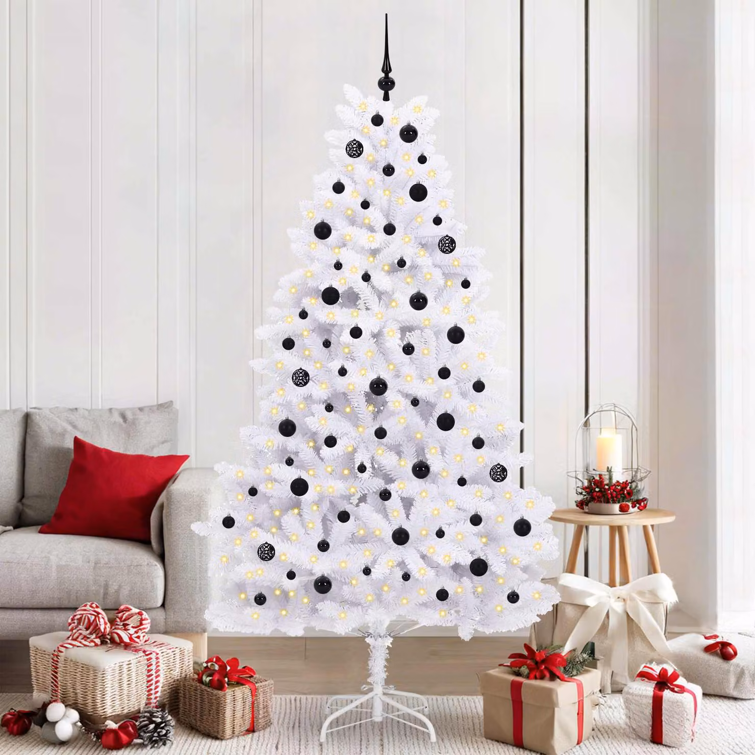 Albero di Natale Artificiale Moderno vidaXL Bianco con Luci LED RGB e Rami Pieghevoli in PVC e Metallo