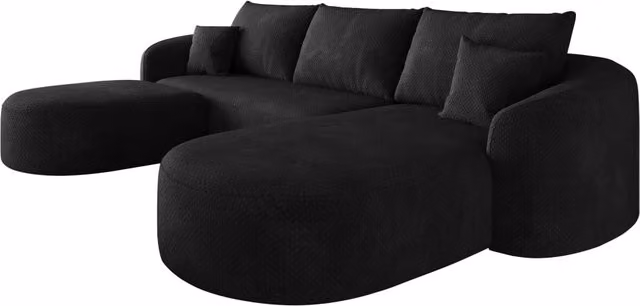 Divano angolare a forma di U Chicfurn Boneless Modulare in tessuto nero, reversibile e senza montaggio, Larghezza: 266 cm
