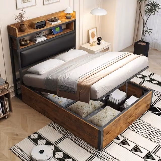 Letto singolo 90x200 - Xylo - Nero, sistema idraulico, porta USB