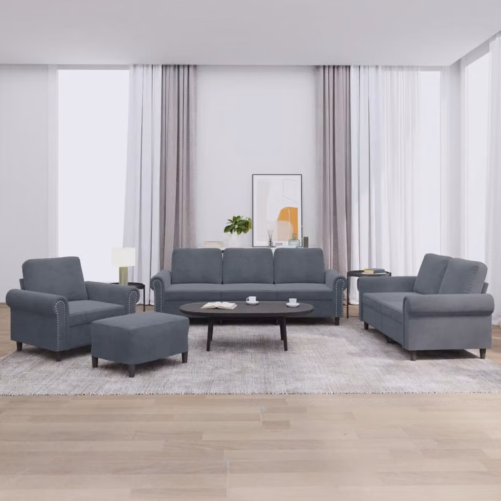 vidaXL Set di Divani 4 Pezzi in Velluto Grigio con Cuscini e Pouf per Soggiorno – 1
