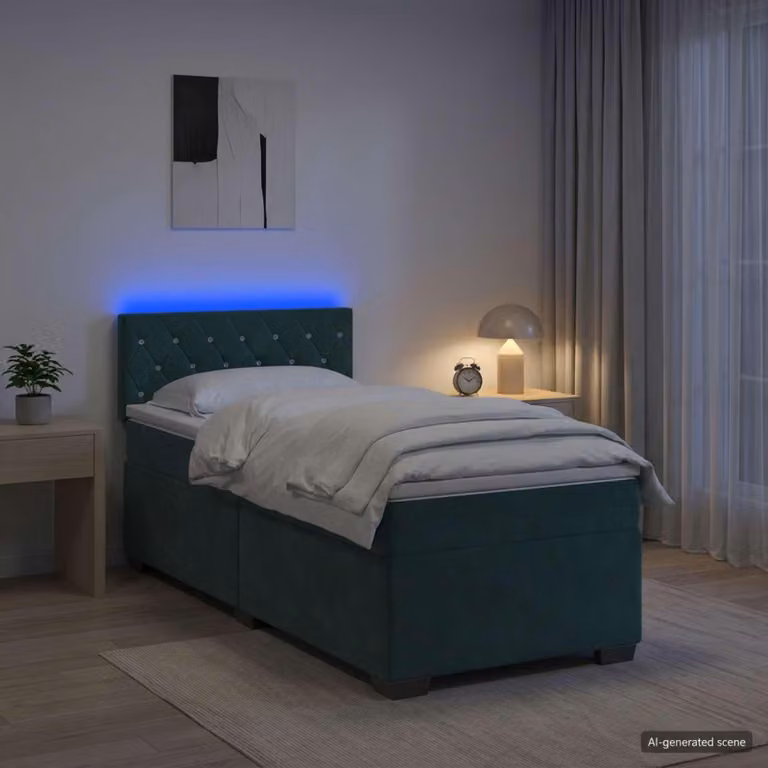 Letto a molle con materasso e illuminazione LED, colore verde scuro, 90 x 200 cm, rivestito in velluto