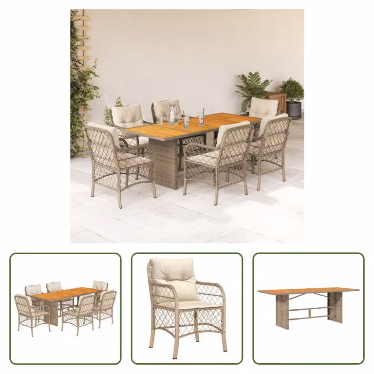The Living Store Set da pranzo da giardino 7 pezzi con cuscini Beige poly rattan