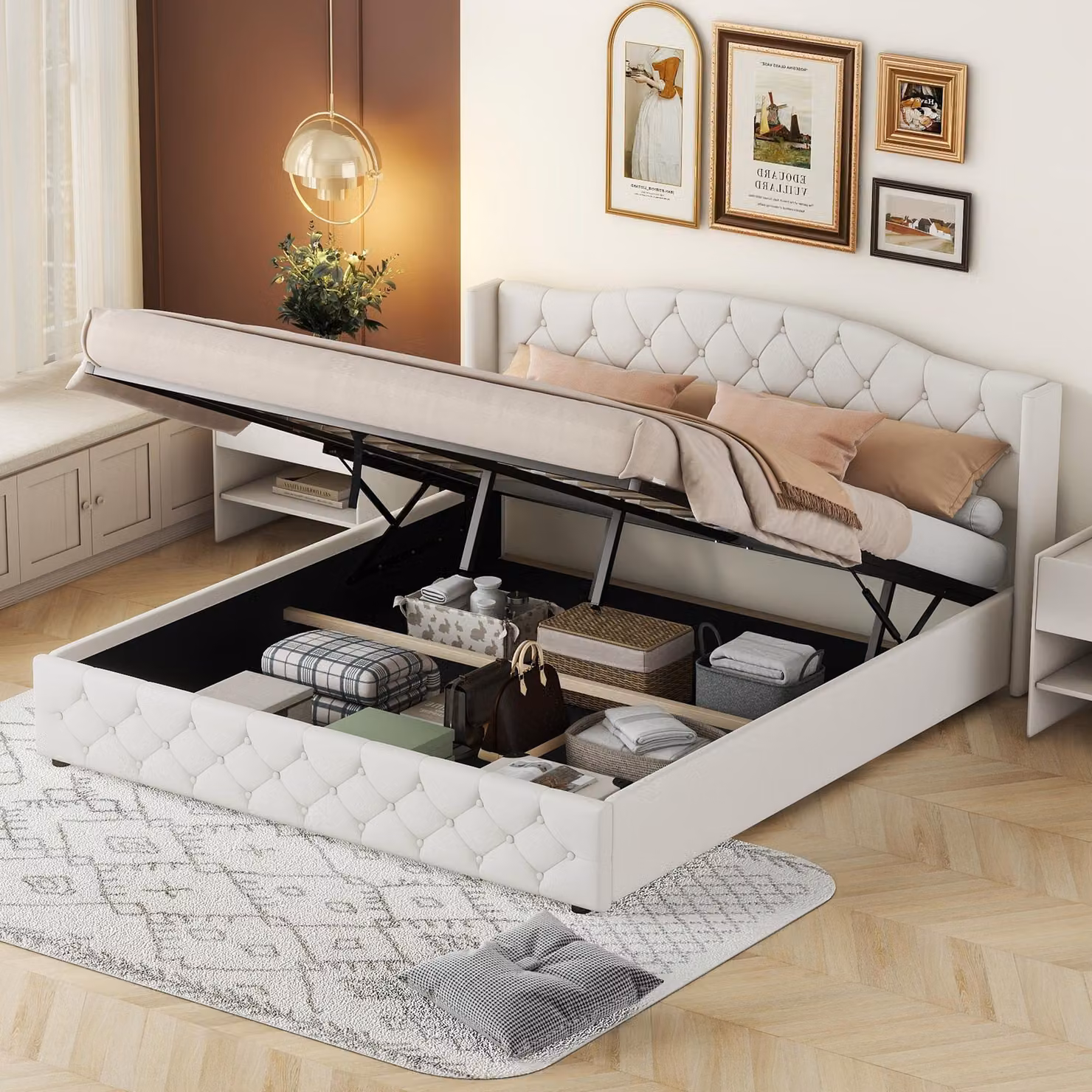 Letto imbottito Merax 180x200 cm, letto in lino con spazio contenitore idraulico, contenitore sotto il letto, letto matrimoniale imbottito, letto a piattaforme, struttura robusta, color beige